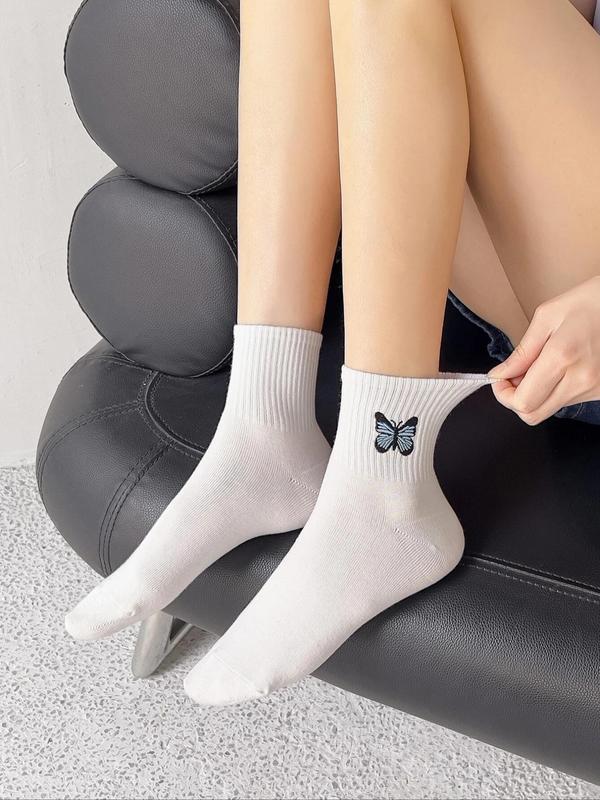 5 Pairs Butterfly Embroidery Crew Socks, Casual Cute Fashion Comfort Socks for Lady, Comfortable Multipack Mid Calf Socks for Daily Wear, Womenswear, Summer Wear 2024