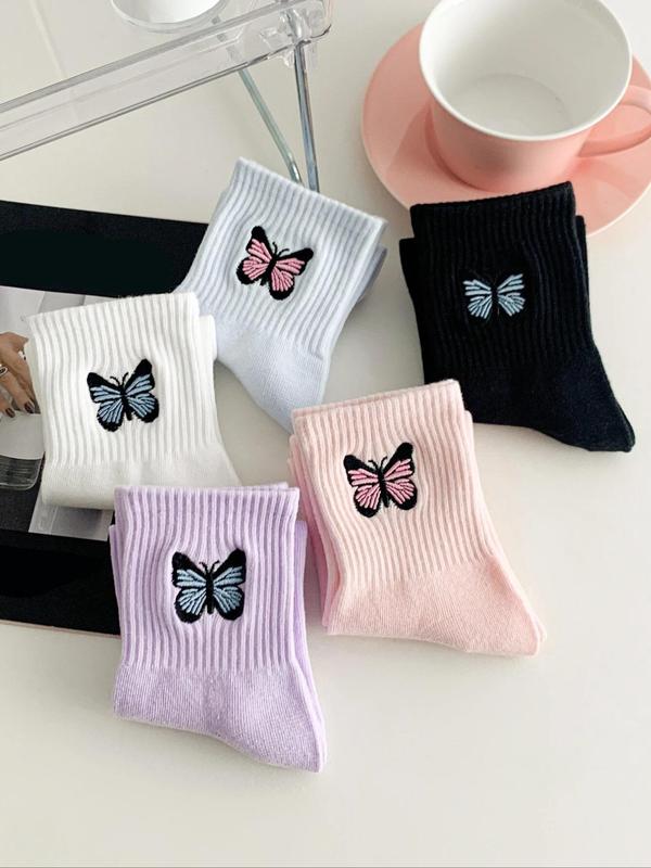 5 Pairs Butterfly Embroidery Crew Socks, Casual Cute Fashion Comfort Socks for Lady, Comfortable Multipack Mid Calf Socks for Daily Wear, Womenswear, Summer Wear 2024