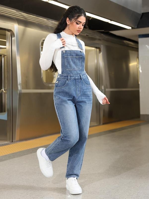 Women's Plain Pocket Design Overalls, Casual Fashion Denim Overalls for Daily Wear, Ladies Bottoms for Fall & Winter