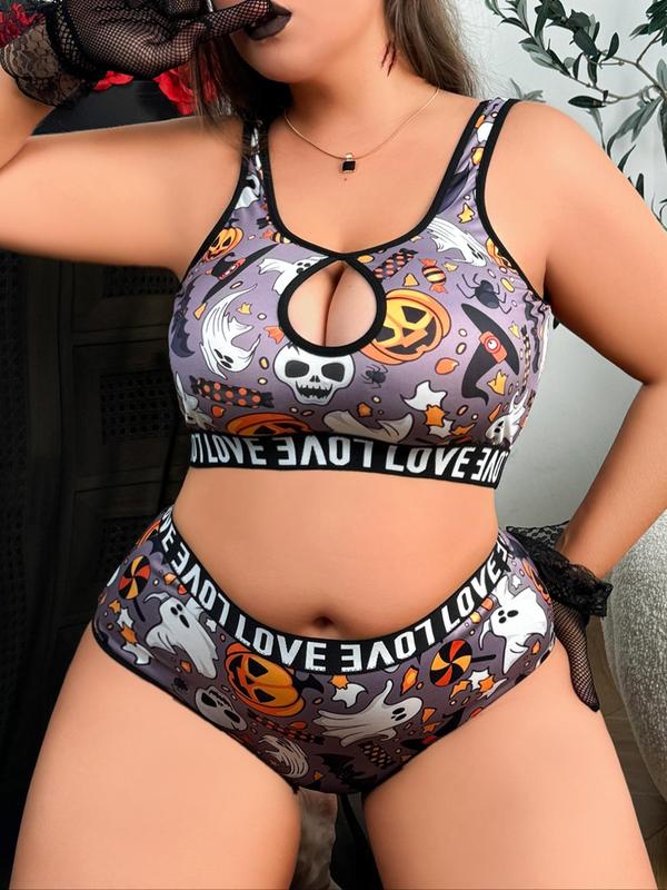  Two-Piece Set All Over Print Contrast Binding Bra & Panty, Sexy U Neck Wireless Bra & Panty, Women's Lingerie Set for All Seasons & Festival, Plus Size Fall Wear 2024 Bras For Plus Size