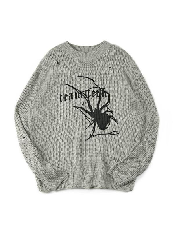 Women's Spider & Letter Print Ripped Drop Shoulder Sweater, Street Fashion Casual Long Sleeve Round Neck Jumper for Daily Outdoor Wear, Women Knit Top for Spring & Fall,  Back To School Outfits