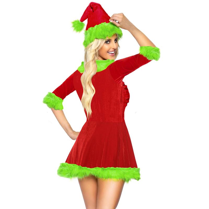 Christmas Santa Dress for Women, Plush Patchwork Half Sleeve V-Neck Classic Green Monster Costume Womenswear Accessories Clothing Outdoor