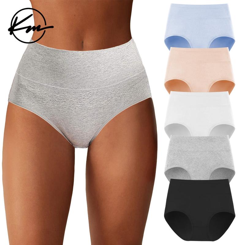 KatchMe Women's Cotton Solid Color High Waist Seamless Skin-Friendly Breathable Panties,5 Pack Double-Layer Stretch Panties,Multipack Cotton Underwear