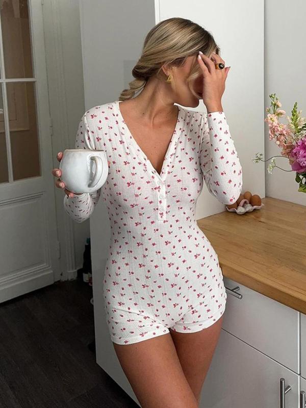 Women's Ditsy Floral Print Button Front V Neck Romper, Casual Long Sleeve Romper for Spring & Fall, Women's Clothes for Daily Wear