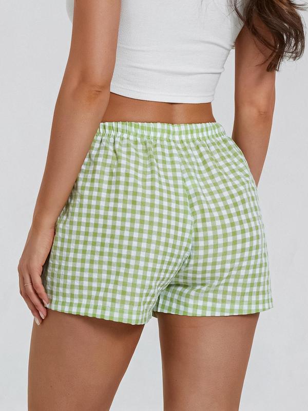 Women's Plaid Print Button Patched Straight Leg Shorts, Casual Comfy Elastic Waist Shorts for Summer, Fashion Women's Bottoms for Daily Wear, Gym Shorts Womenswear