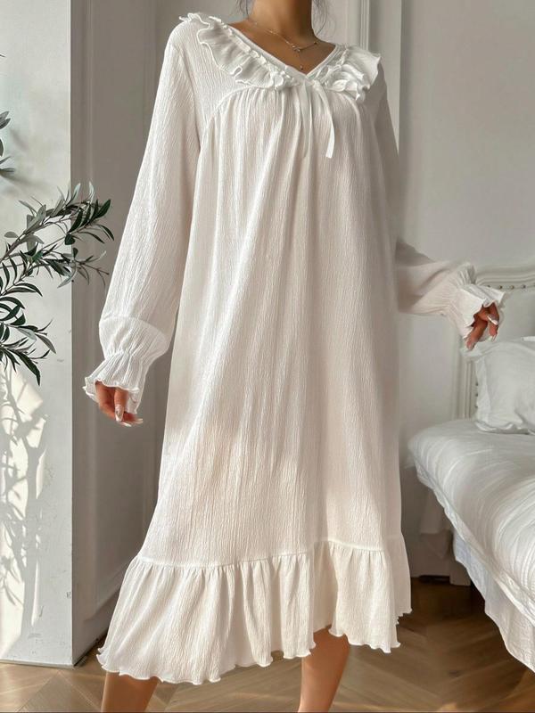 Women's Plain Bow Decor Ruffle Trim Flounce Sleeve Nightdress, Casual Long Sleeve V Neck Nightgown for Spring & Fall, Ladies Sleepwear for Indoor Wear