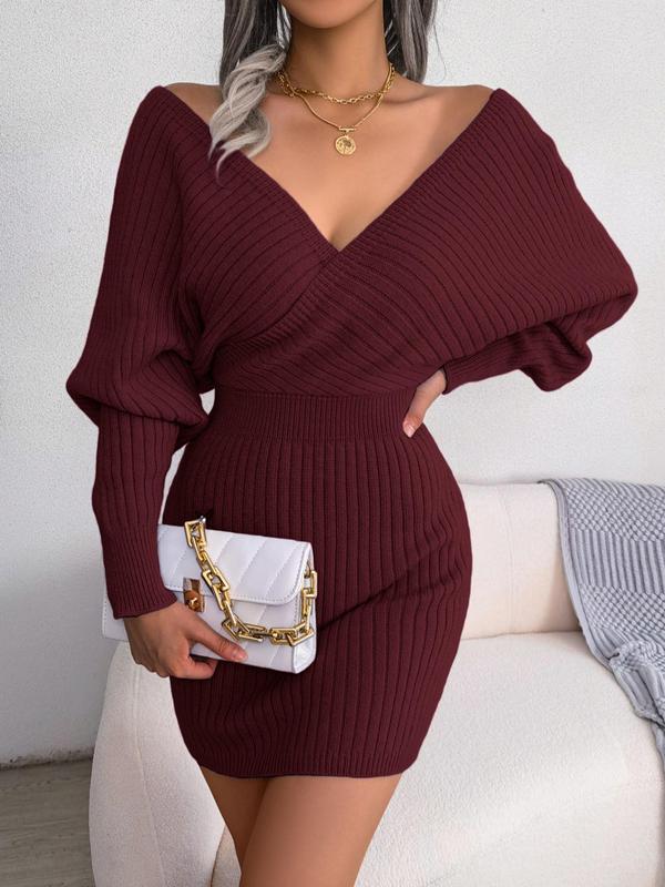 Women's Solid Color Basic Chic Plain Wrapped V Neck Leg-of-mutton Sleevesweater Dress, Comfort Casual Bodycon Fit Lady Minimalist Slim-fit Long Sleeve Bodycon Jumper Dress, Womenswear for Casual Wear