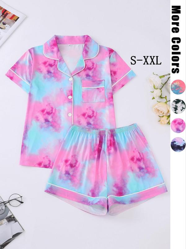 Women's Tie Dye Print Lapel Shirt & Elastic Waist Shorts Pyjama Set, Casual Button Front Short Sleeve Top & Shorts, Ladies Summer Sleepwear