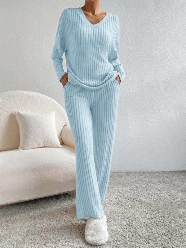 Women's Solid Ribbed Drop Shoulder Lounge Set, Casual Comfy Long Sleeve V Neck Top & Pocket Pants, Ladies Sleepwear for Fall & Winter