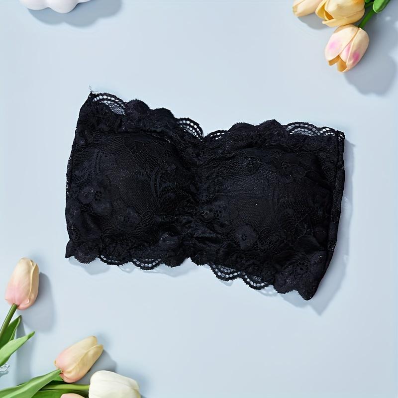 3pcs Solid Floral Lace Trim Strapless Bandeau, Sexy Comfy Push Up Bra, Women's Lingerie & Underwear sexy comfy