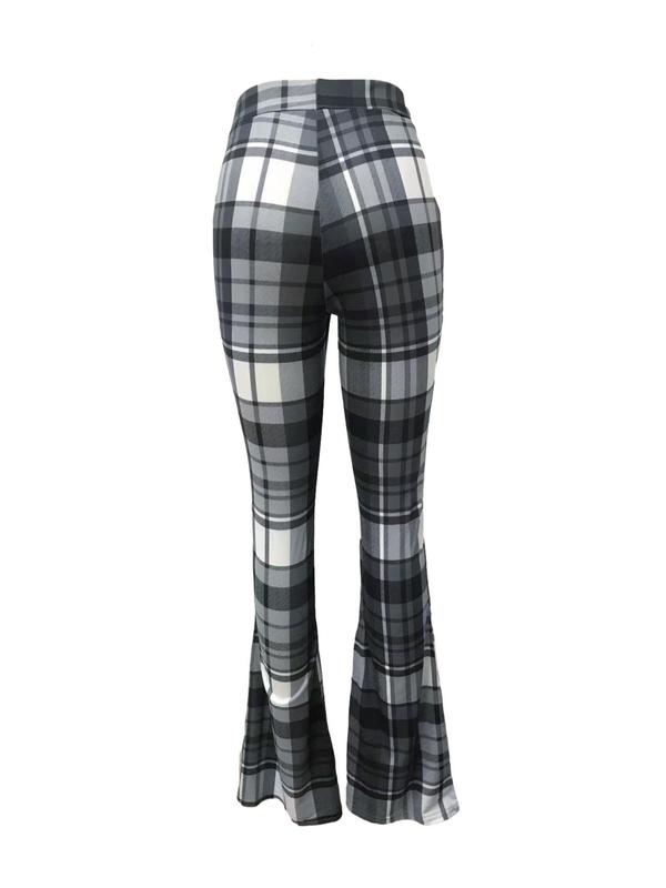 Women's Plaid Print Elastic Waist Flare Leg Pants, Casual Comfy Trousers for Fall & Winter, Comfy Pants, Women's Bottoms for Daily Wear, Downtown Girl Clothes