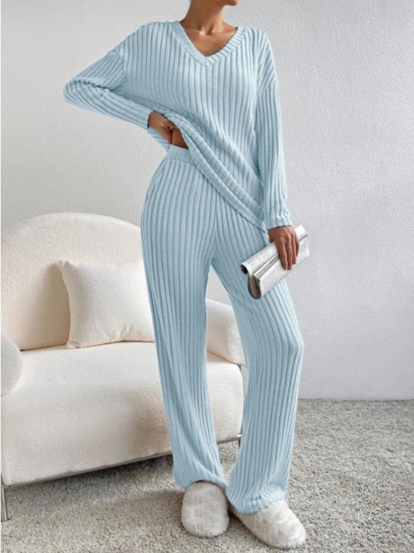 Women's Solid Ribbed Drop Shoulder Lounge Set, Casual Comfy Long Sleeve V Neck Top & Pocket Pants, Ladies Sleepwear for Fall & Winter