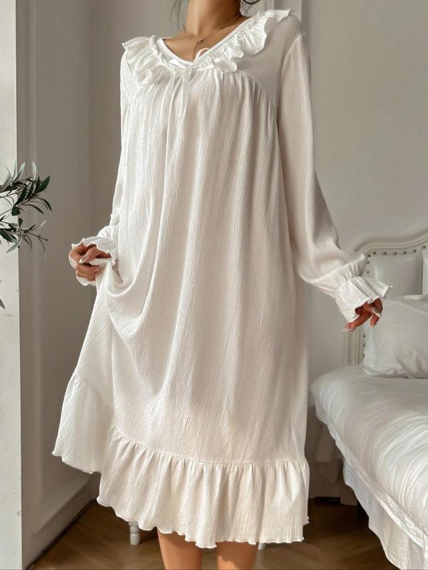 Women's Textured Bow Front Ruffle Trim Nightdress, Solid V Neck Flounce Sleeve Nightgown for Daily Wear, Soft Comfortable Sleepwear for Women