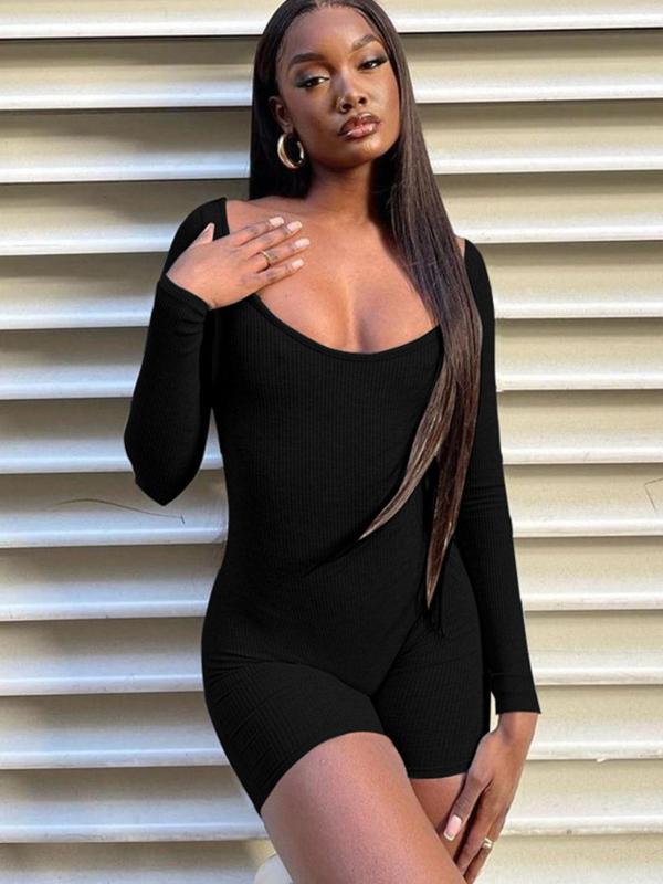 2024 Autumn Winter Women's Sexy Bodycon Seamless Romper, One-piece Long Sleeve Romper, Scoop Neck Long Sleeve Trendy Slim Romper Jumpsuit, Onesie Romper Jumpsuit for Yoga & Gym Wear