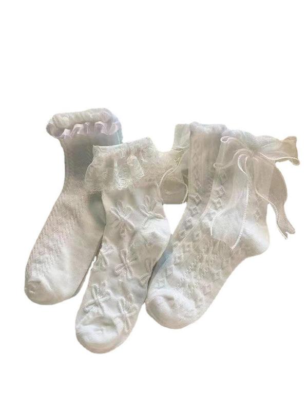 Women's Jacquard Contrast Lace Ruffle Trim Crew Socks, Cute Fashion Casual Bow Decor Socks for Daily Outdoor Wear, Ladies Socks for All Seasons