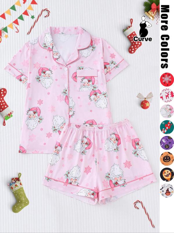  Two-Piece Set Pocket Shirt & Elastic Waist Shorts Pyjama Set Casual Halloween Pumpkin & Skull Print Short Sleeve Button Top & Shorts PJ Set, Halloween Pajamas, Christmas Pajamas, Women's 2024 Sleepwear for Costume Spirit Halloween 2024