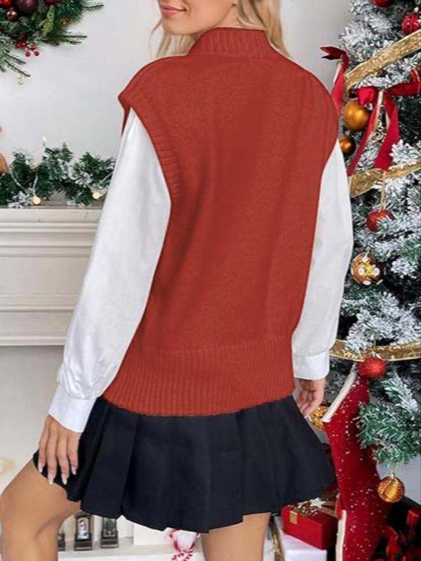 Women's Christmas Tree Print V Neck Sweater Vest, Casual Sleeveless Jumper Vest for Fall & Winter, Fashion Ladies' Knitwear for Daily Wear