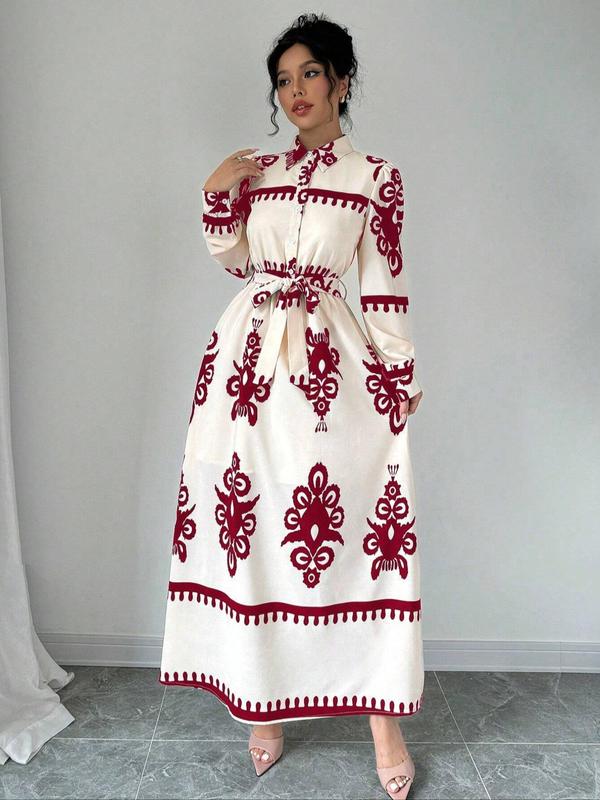 Women's Floral Print Button Front Belted Long Sleeves Shirt Dress, Boho Long Sleeve Collared Dress for Fall & Winter, Women's Clothes for Daily Wear