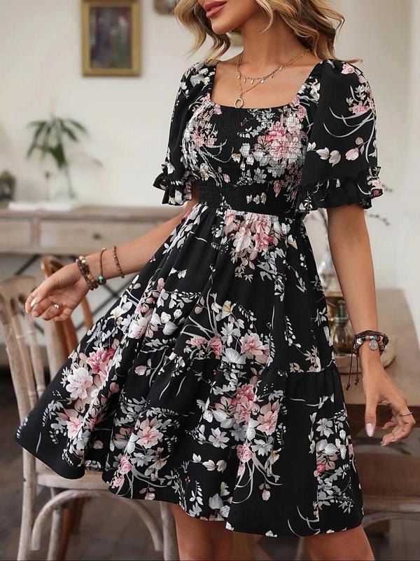 Women's Floral Print Ruffle Hem Shirred Vintage A Line Dress, Boho Romantic Flounce Sleeve Square Neck Short Dress for Beach Vacation Holiday, Frenchy Style Ladies Summer Clothes