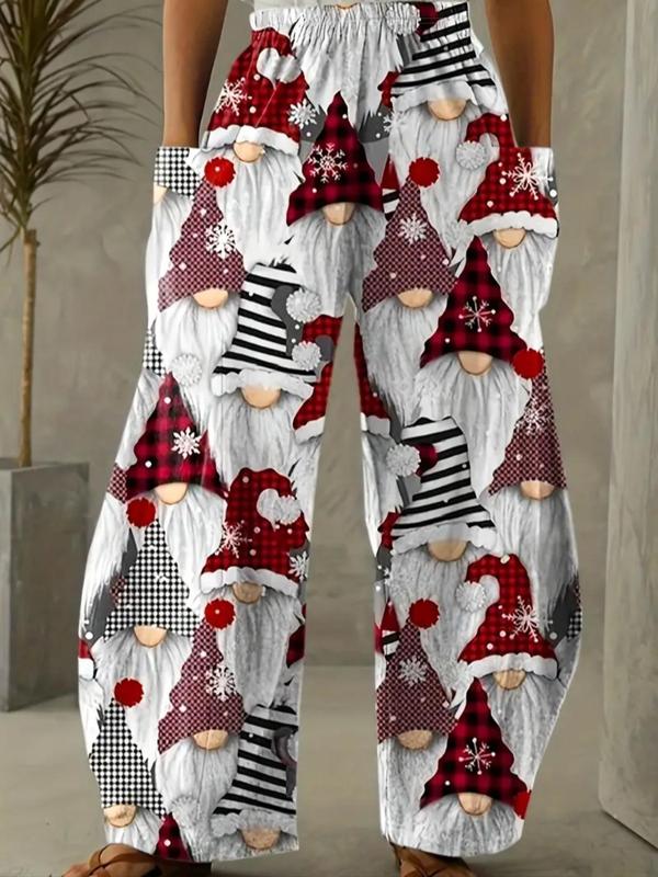  Christmas Print Pocket Elastic Waist Pants, Casual Comfy Wide Leg Trousers for Daily Holiday Vacation Wear, Pants for Women, Women's Bottoms for Fall & Winter