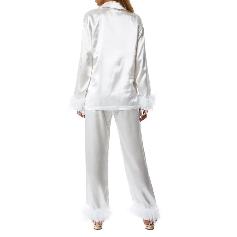 Women Sleepwear Feather Trim Button Down Lapel Long Sleeve Shirts and Pants Sets Ladies Pajamas Sets Elegant Chic Loungewear