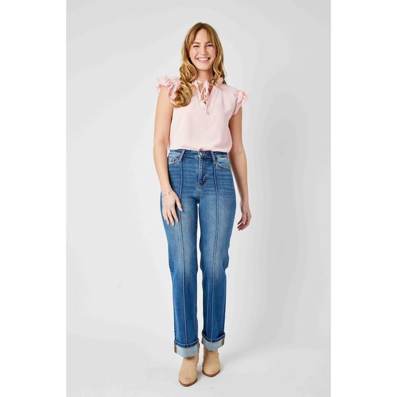 JUDY BLUE HI WAIST FRONT SEAM DETAIL & CUFFED STRAIGHT LEG JEANS