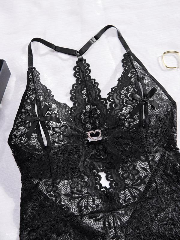 Women's Heart Decor Contrast Lace Sexy Lingerie Bodysuit, Sexy Hollow Out Flower Decor Crotchless Cami Lingerie Bodysuit, Women's Lingerie for All Seasons