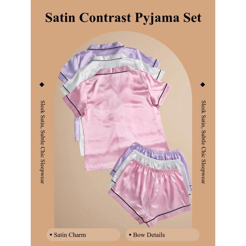 6 piece set women's contrast binding satin pyjama set, casual pocket shirt & Bow decor shorts set, comfortable sleepwear set for women Loungewear Pajamas