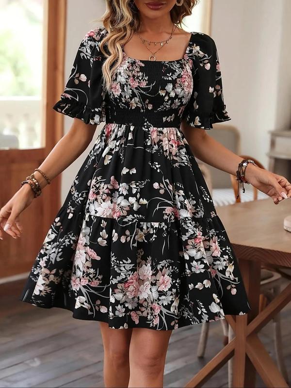 Women's Floral Print Ruffle Hem Shirred Vintage A Line Dress, Boho Romantic Flounce Sleeve Square Neck Short Dress for Beach Vacation Holiday, Frenchy Style Ladies Summer Clothes