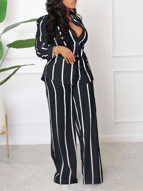 Women's Striped Print Button Front Pants Set, Elegant Long Sleeve Collared Blouse & High Waist Pants, Fall Outfits, Vacation Outfits Sets, Ladies Fall Outfits for Work Office