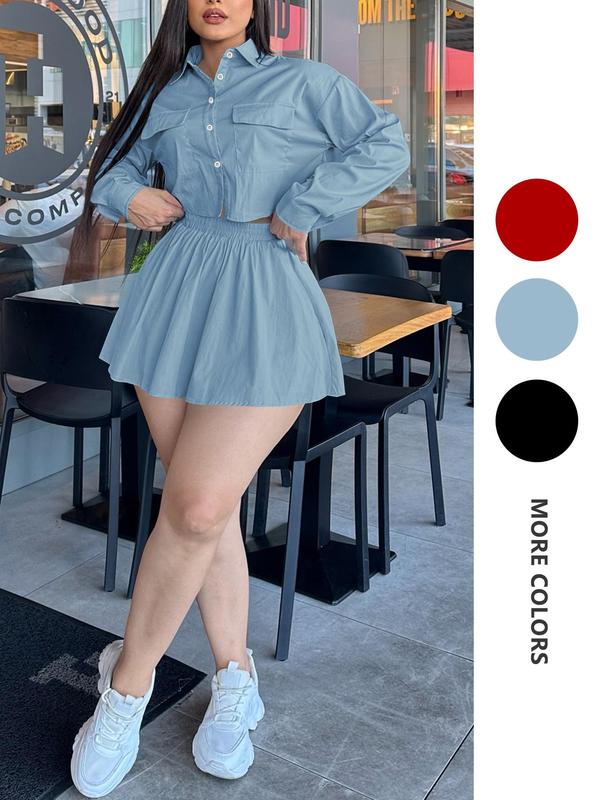 Two-piece Set Women's Solid Button Front Crop Shirt & Elastic Waist Flared Skirt, Casual Drop Shoulder Long Sleeve Top & High Waist Skirt for Daily Wear, Ladies Two-piece Outfits for All Seasons, Birthday Dresses 2024