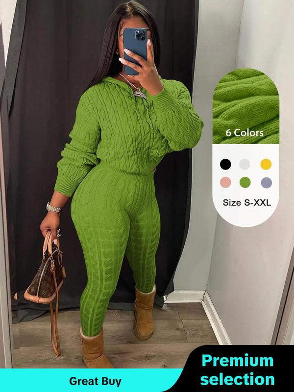 Two-Piece Set Women's Solid Drop Shoulder Cable Knit Crop Sweater & High Waist Pants, Casual Fashion Cozy Plush Outfits for Daily Outdoor Wear, Women Clothes for Fall & Winter, Fall Outfits, Green Hoodie Girl