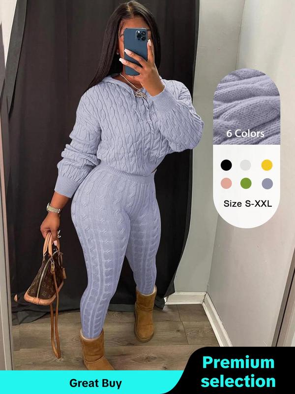 Two-Piece Set Women's Solid Drop Shoulder Cable Knit Crop Sweater & High Waist Pants, Casual Fashion Cozy Plush Outfits for Daily Outdoor Wear, Women Clothes for Fall & Winter, Fall Outfits, Green Hoodie Girl