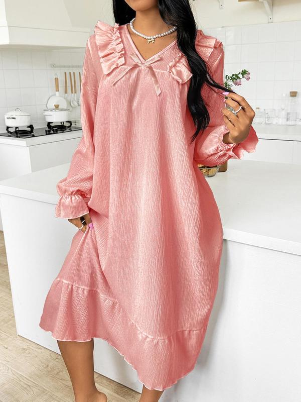 Women's Textured Bow Front Ruffle Trim Nightdress, Solid V Neck Flounce Sleeve Nightgown for Daily Wear, Soft Comfortable Sleepwear for Women