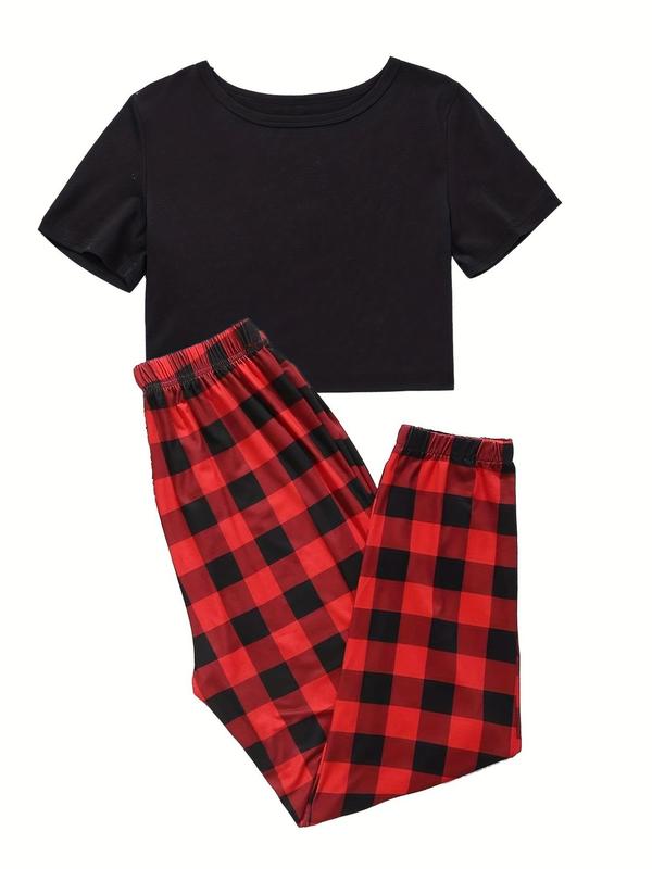 Women's Solid Tee & Plaid Print Pants Set, Casual Short Sleeve Round Neck T-shirt & Elastic Waist Trousers for Daily Wear, Ladies Two Piece Outfits for All Seasons