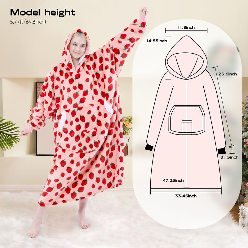 Long Wearable Blanket Hoodie Oversized Sherpa Fleece Hooded Sweatshirt Blanket with Sleeves,Cozy and Giant Blanket Hoodie Extra Long for Adults Women Winter Gift (Strawberry)