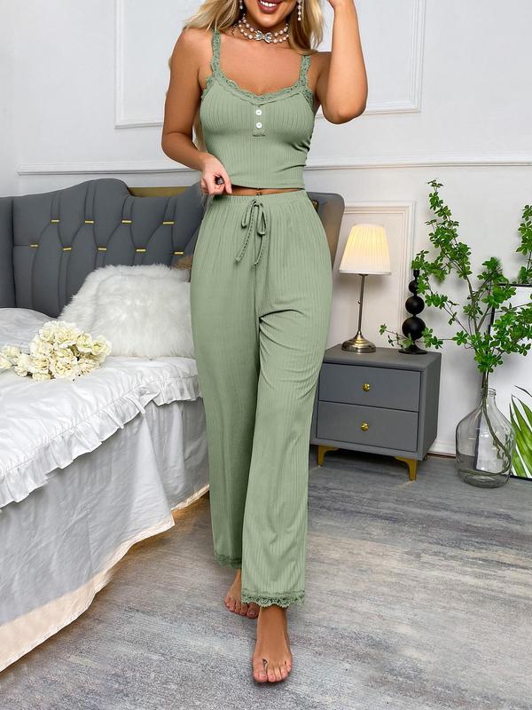 Two Counts Women's Solid Color Contrast Lace Pyjama Set, Chic Button Cami Crop Top & Bow Decor Sleep Pants, Summer Clothes Women, Casual Loungewear Set, Summer Wear 2024 Birthday Gifts, Pajama Pants At Gym