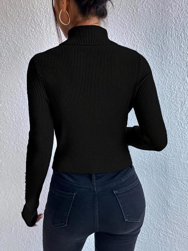 Women's Fashion Plain Button Hollow Out Long Sleeve High Neck Sweater, Basic Casual Turtleneck Jumper for Fall & Winter