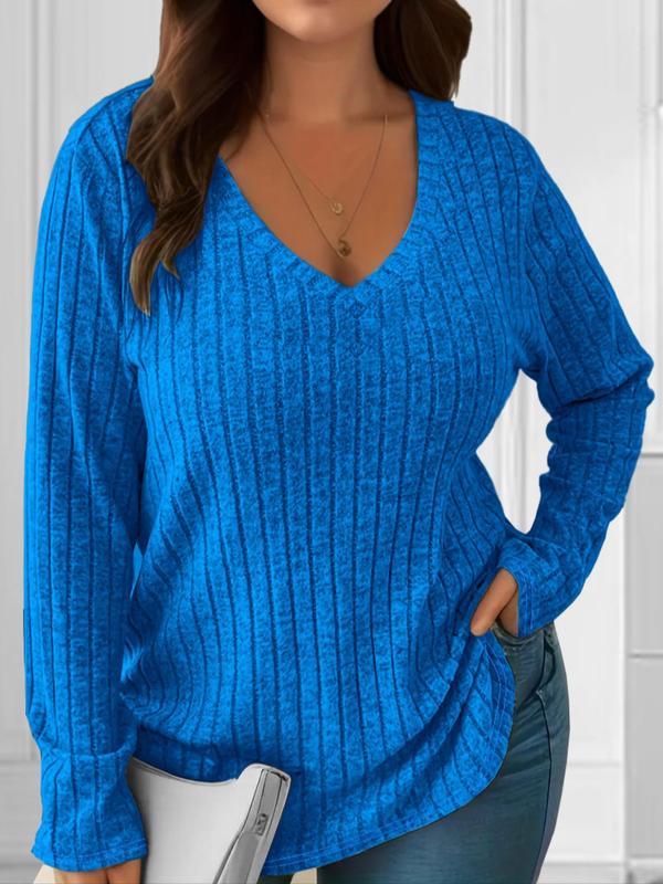  Solid Color V Neck Ribbed Sweater, Casual Long Sleeve T-shirt for Fall & Winter, Women's Clothing for Daily Wear