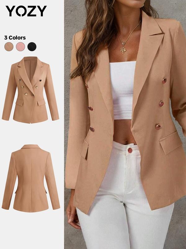 YOZY Christmas Deals, Women's Plain Button Front Lapel Neck Blazer, Casual Flap Detail Long Sleeve Outerwear for Work Office Business, Ladies Clothes, Christmas 2024 Trend, Fall & Winter Clothes