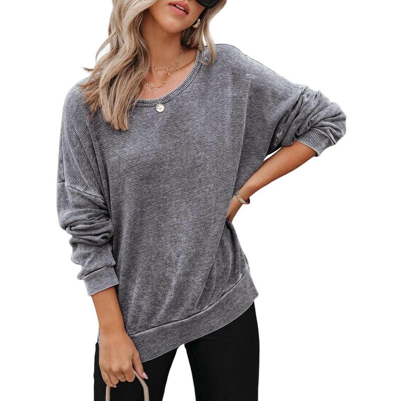 Dokotoo Womens Oversized Waffle Knit Crewneck Sweatshirts Long Sleeve Side Slits Casual Pullover Sweatshirt Tops