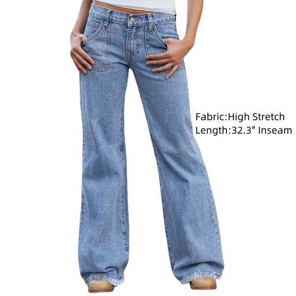 Wash Raw Hem Flap Pocket Wide Leg Low Rise Jeans