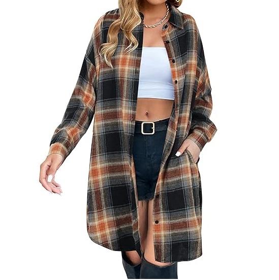 Blooming Jelly Women's Button Down Flannel Shirts Plaid Shacket Long Sleeve Collared Long Jacket Coats