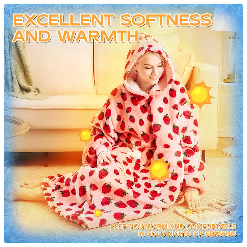 Long Wearable Blanket Hoodie Oversized Sherpa Fleece Hooded Sweatshirt Blanket with Sleeves,Cozy and Giant Blanket Hoodie Extra Long for Adults Women Winter Gift (Strawberry)