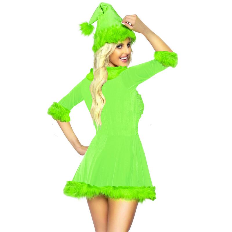 Christmas Santa Dress for Women, Plush Patchwork Half Sleeve V-Neck Classic Green Monster Costume Womenswear Accessories Clothing Outdoor