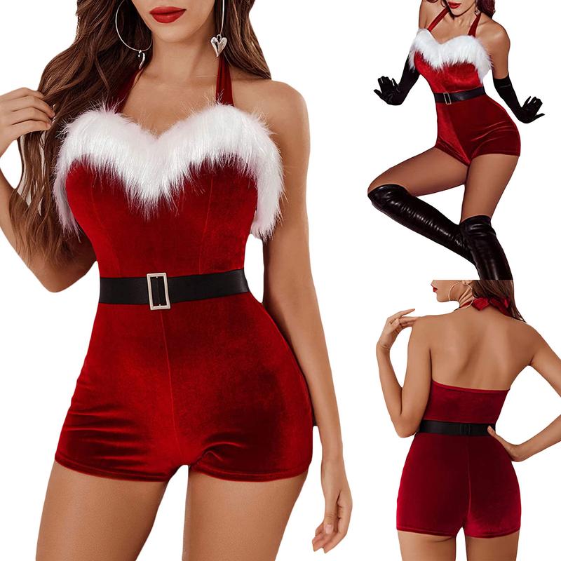 Christmas Women's Mrs. Claus Costume, Sleeveless Faux Fur Trim Halter Romper Short Jumpsuit Bodysuits