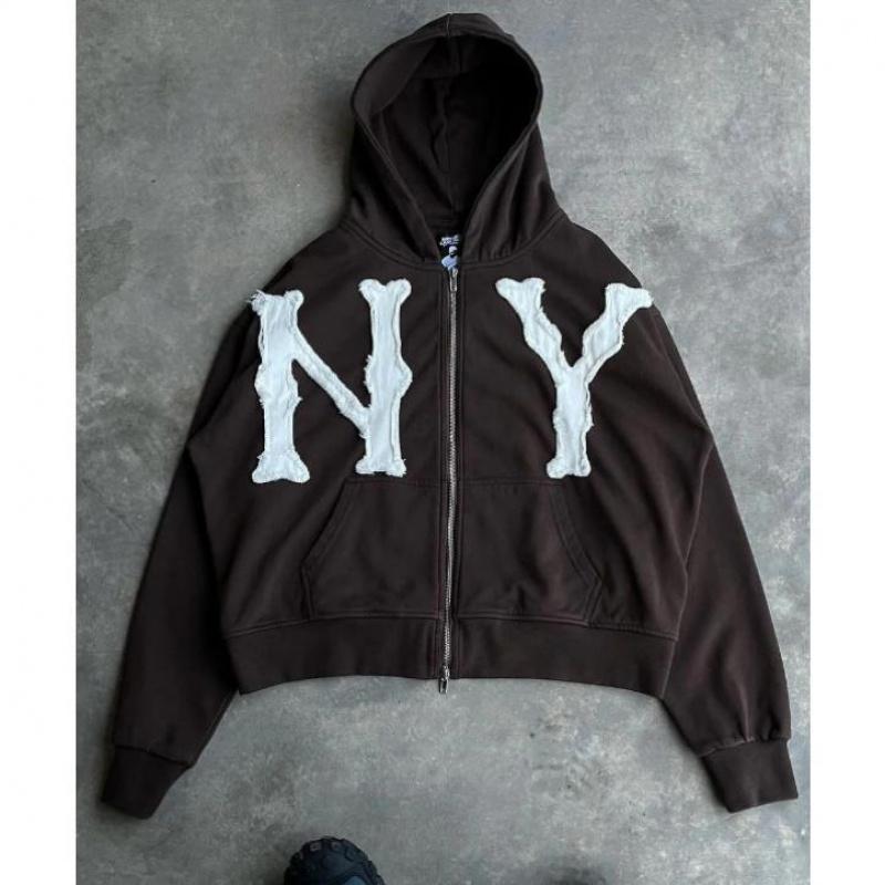 New York Unisex Letter Embroidery Trendy Hoodies Zip Up Casual Overlook Colorful Y2K Hip Hop Streetwear Harajuku Jacket