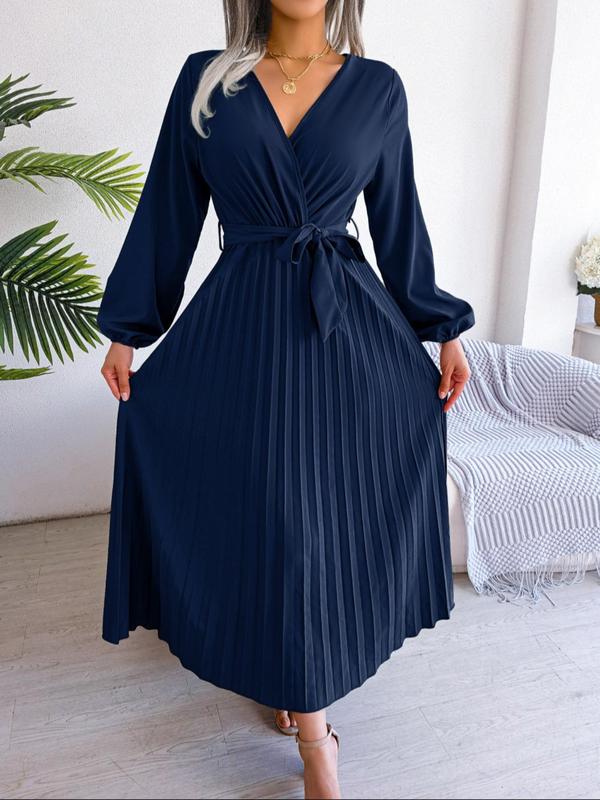 Women's Plain Wrap V Neck Belted Pleated Dress, Casual Bishop Sleeve A Line Long Dress for Beach Holiday Vacation, Ladies Clothes for All Seasons