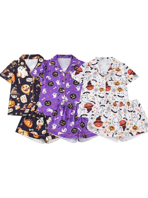  Two-Piece Set Pocket Shirt & Elastic Waist Shorts Pyjama Set Casual Halloween Pumpkin & Skull Print Short Sleeve Button Top & Shorts PJ Set, Halloween Pajamas, Christmas Pajamas, Women's 2024 Sleepwear for Costume Spirit Halloween 2024