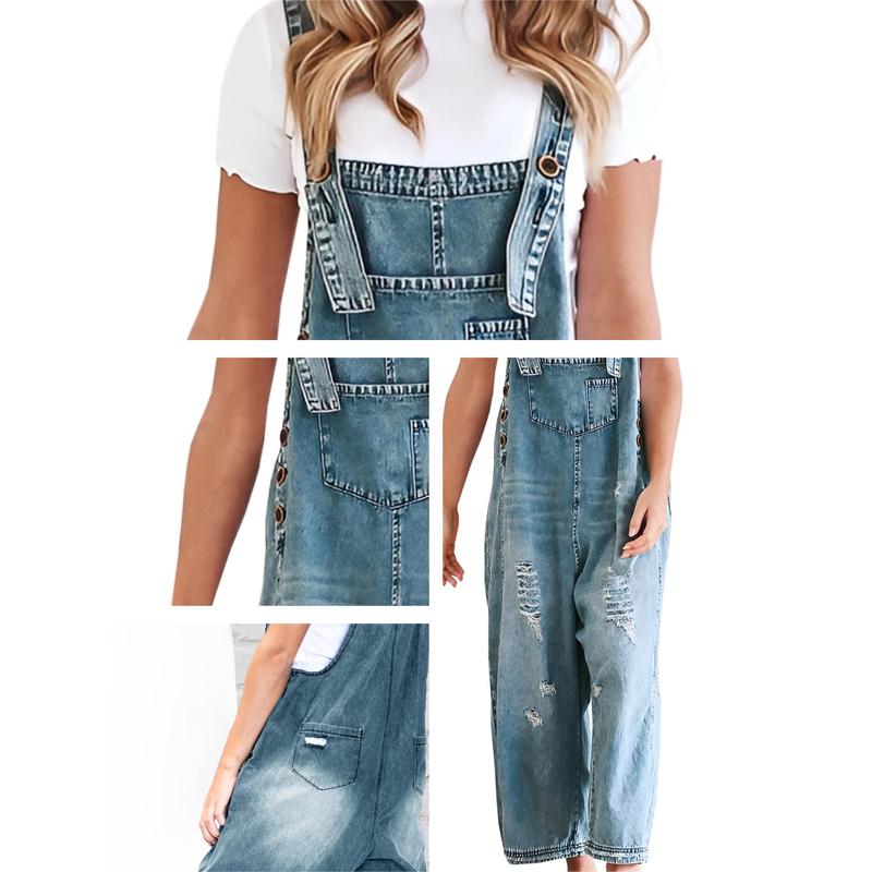 Women's Denim Overalls Casual Jumpsuits Loose Fit Adjustable Strap Distressed Bib Jeans Overall Jumpsuits Cotton Womenswear Baggy Comfortable Crop Style Vintage Y2K Buckle Button Clothing Basic  Minimalist Strappy Sleeveless